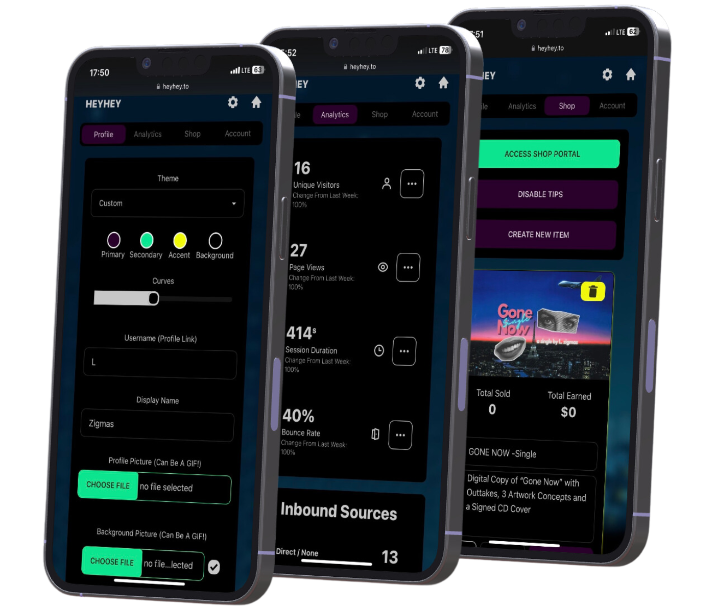 3 screens displaying our beautiful analytics, customization, and shop panels